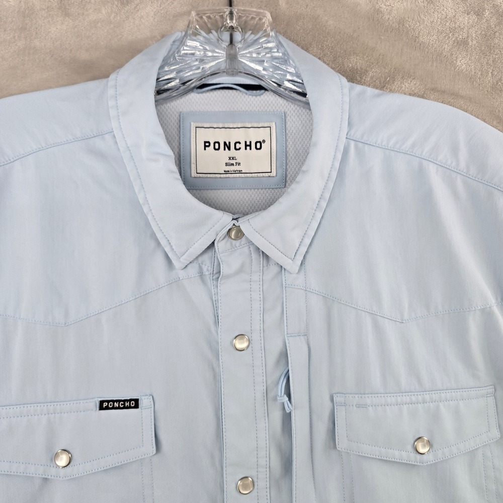 Poncho Shirt Mens XXL Blue Short Sleeve Pearl Snap Slim Fit Western Performance